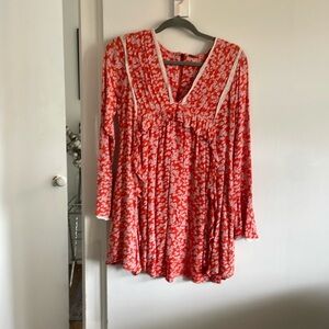 Free people dark orange floral dress, long sleeve, white laced
